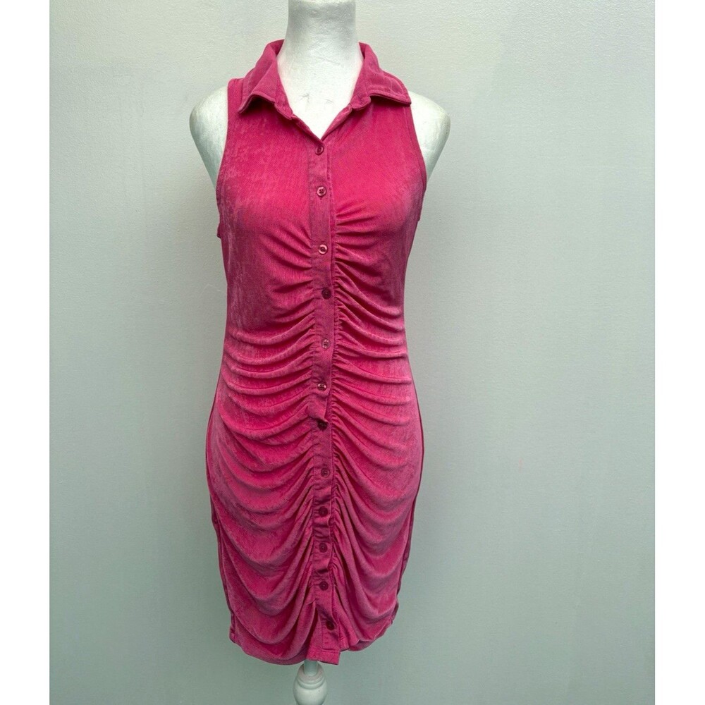 NWT Just Polly Fuchsia Pink Slinky Ruched Button Front Collared Shirt Dress L